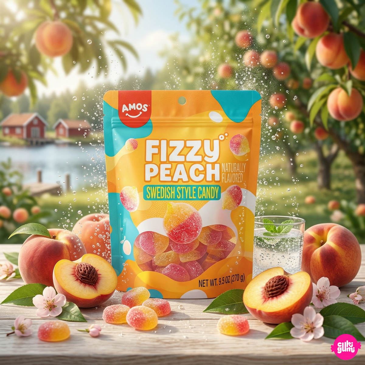 Amos Swedish Style Candy Fizzy Peach 270 g – Saure Pfirsich-Fruchtgummis