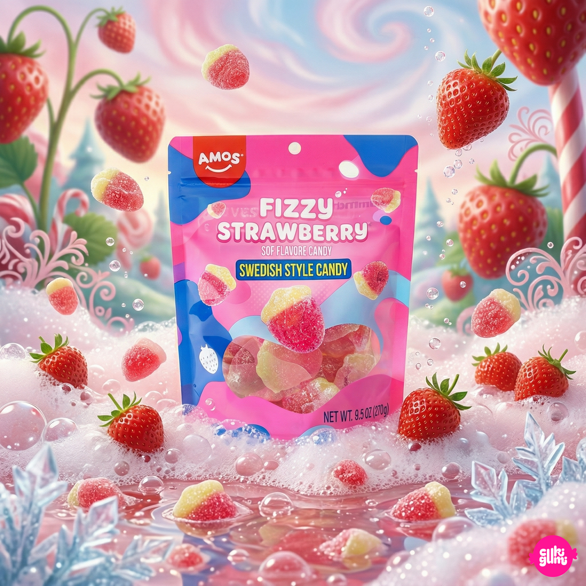 Amos Swedish Style Candy Fizzy Strawberry 270 g – Saure Erdbeer-Gummibonbons