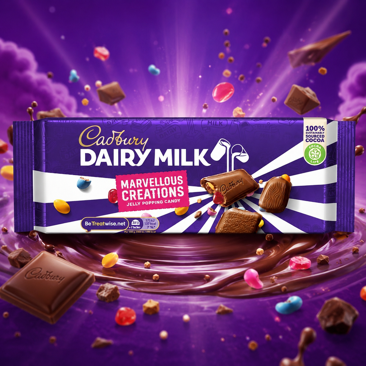 Cadbury Dairy Milk Marvellous Creations Jelly Popping Candy 160g – Milchschokolade mit Gelee- und Knisterbonbons