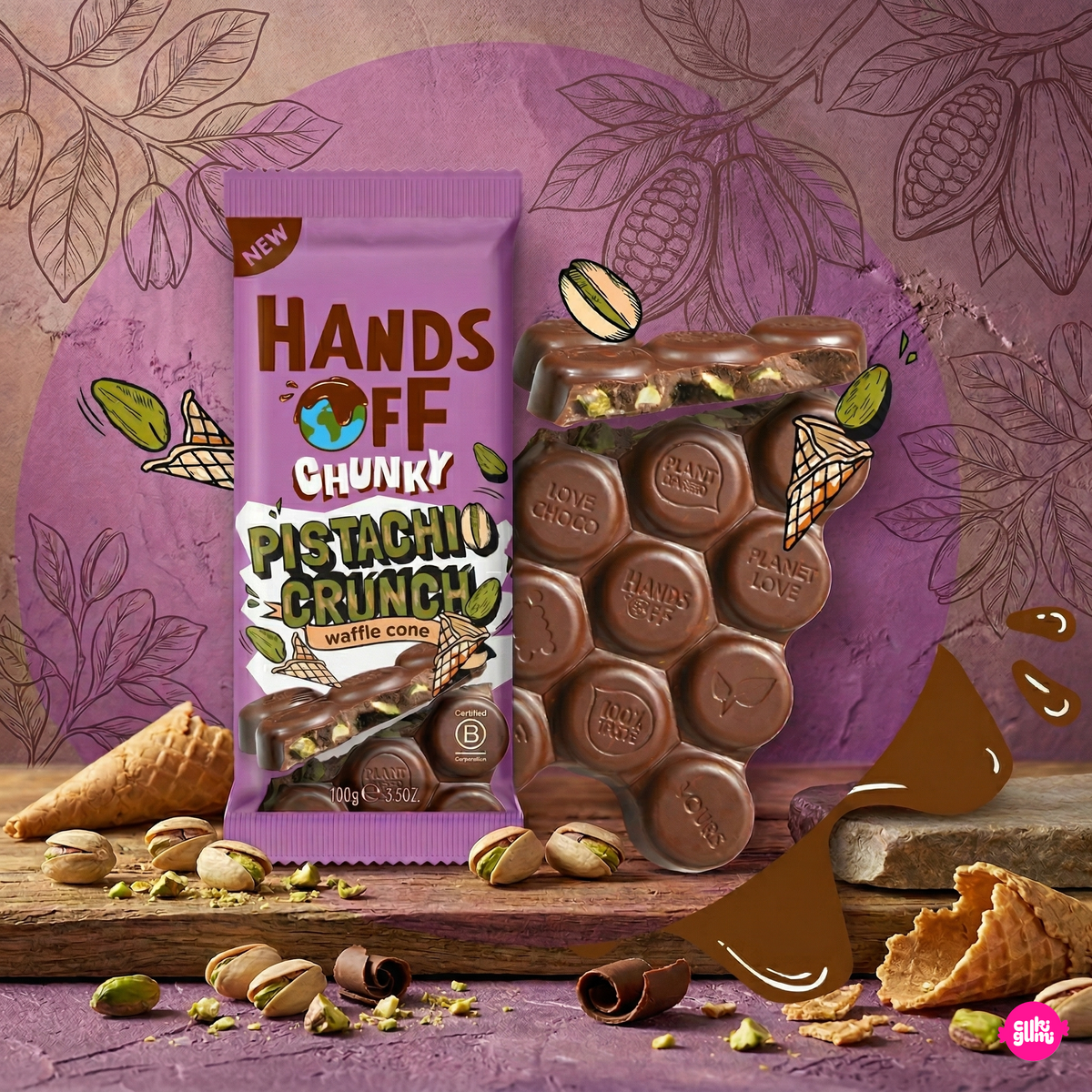 Hands Off Chunky Pistachio Crunch 100 g - Knuspriger Pistazien-Schokoladenriegel mit Praliné