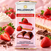 Millennium La Crème Edition Strawberry Cheesecake 100 g – Epres sajttorta ízű krémmel töltött tejcsokoládé