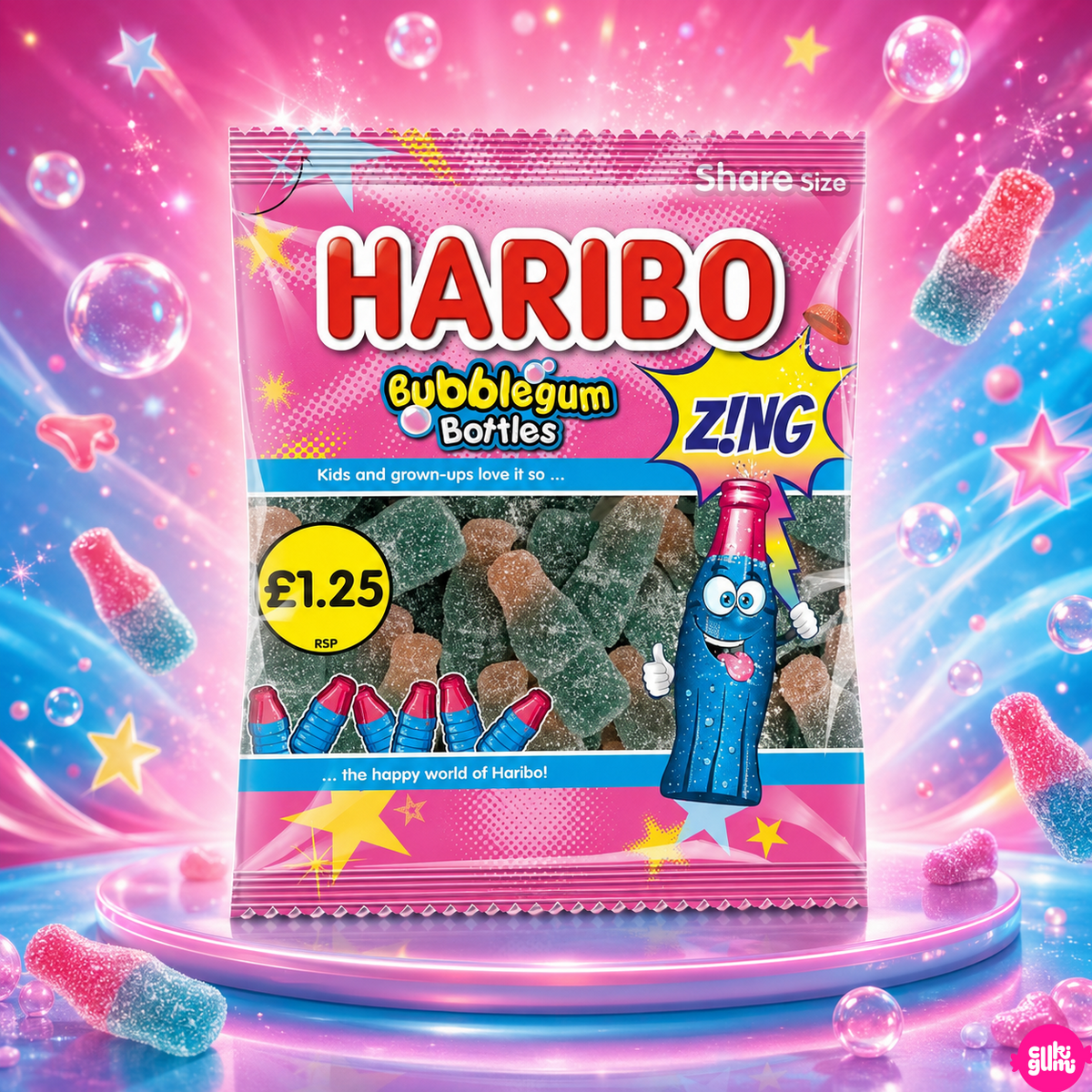 Haribo Bubblegum Bottles Z!ng 140 g – Saure Kaugummi-Geschmack Gummibonbons