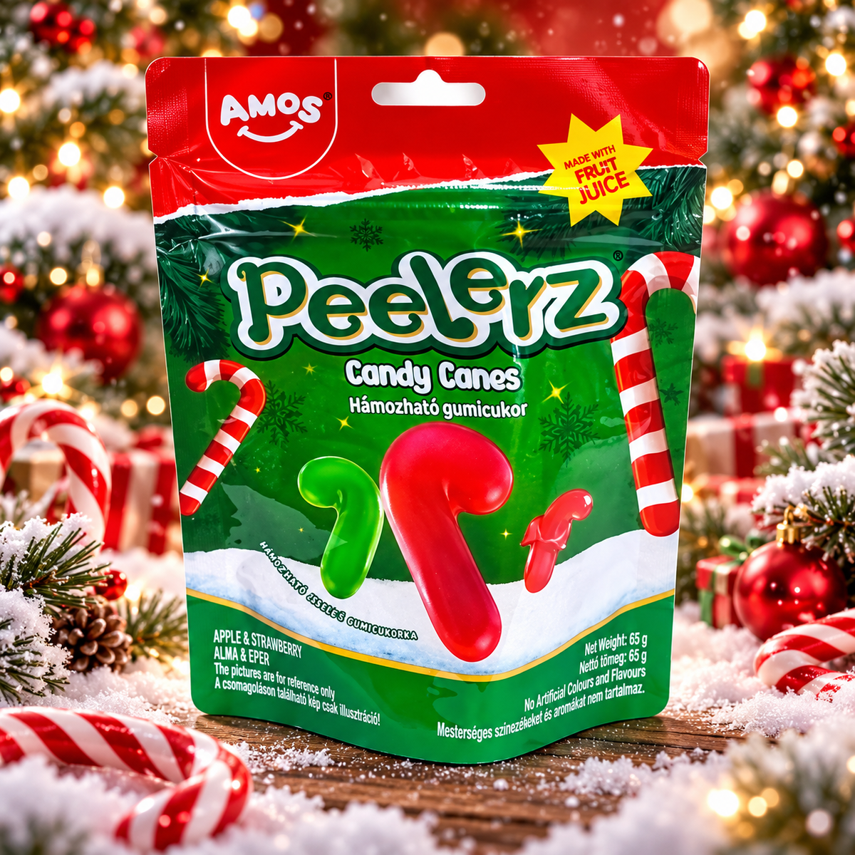 AMOS Peelerz Weihnachts-Zuckerstangen – Schälbare Weingummis mit Apfel- und Erdbeergeschmack 65 g