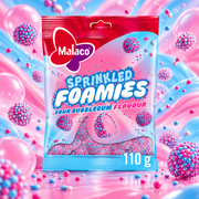 Malaco Sprinkled Foamies Sour Bubblegum – Sour bubblegum-flavored foam candy 110 g