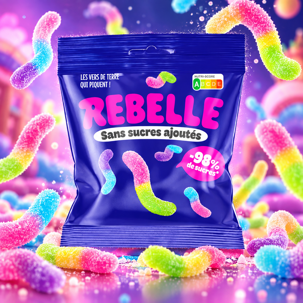 Rebelle Sour Worms – Saure zweifarbige Weingummischlangen ohne Zuckerzusatz 50 g