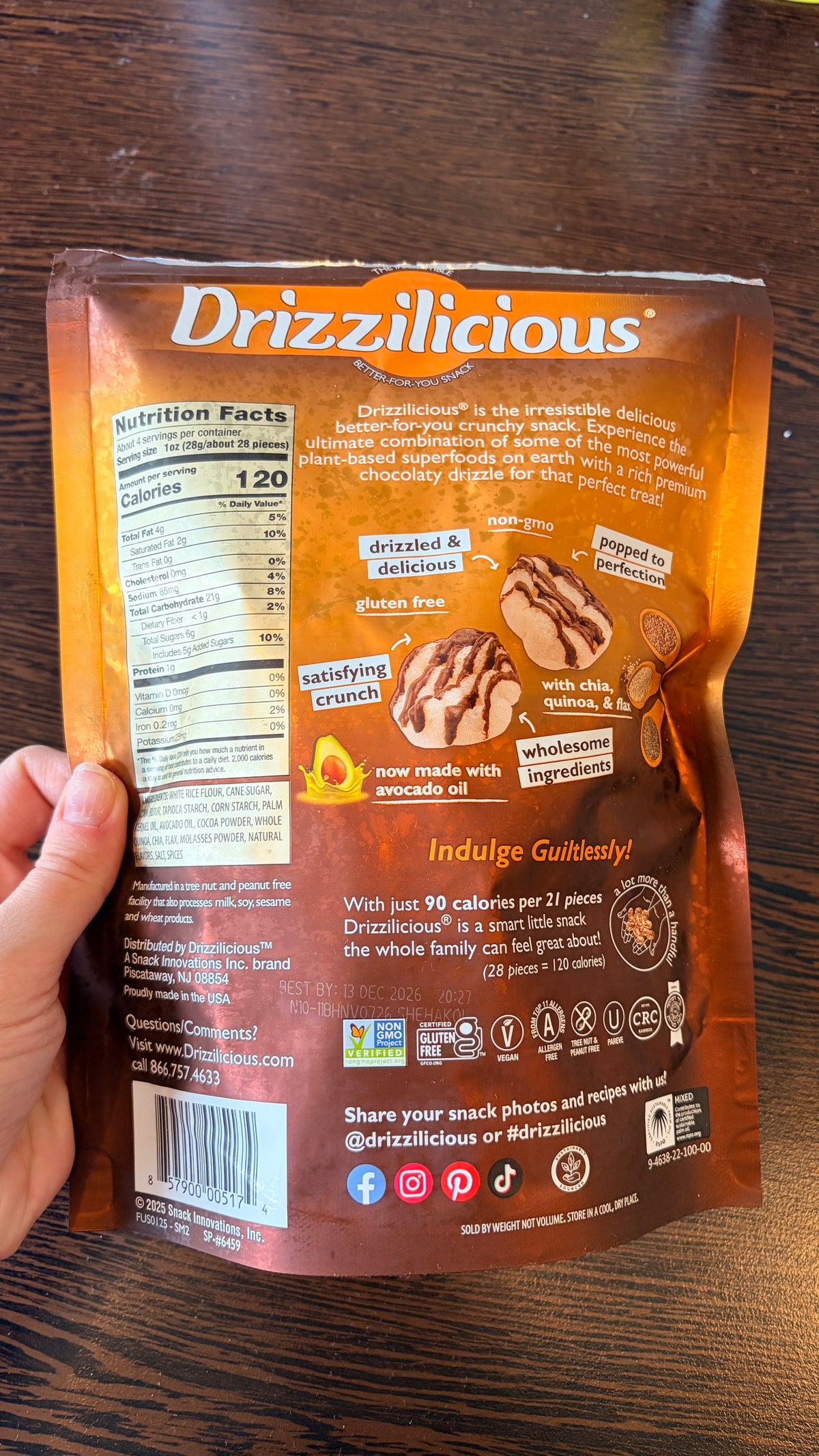 Drizzilicious S’mores ízű mini rizsszeletek kakaós csorgatással 113 g – Rice Cakes S’mores Bites hátoldal