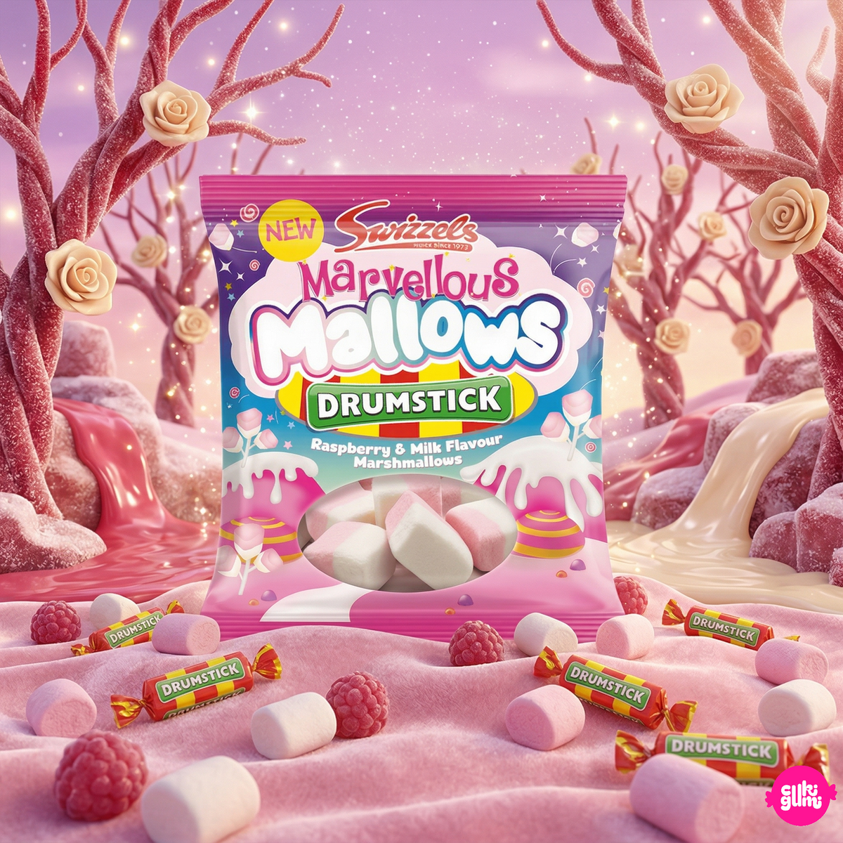 Swizzels Drumstick Marvellous Mallows 100 g - Himbeer-Milch-Geschmack Schaumiger Marshmallow