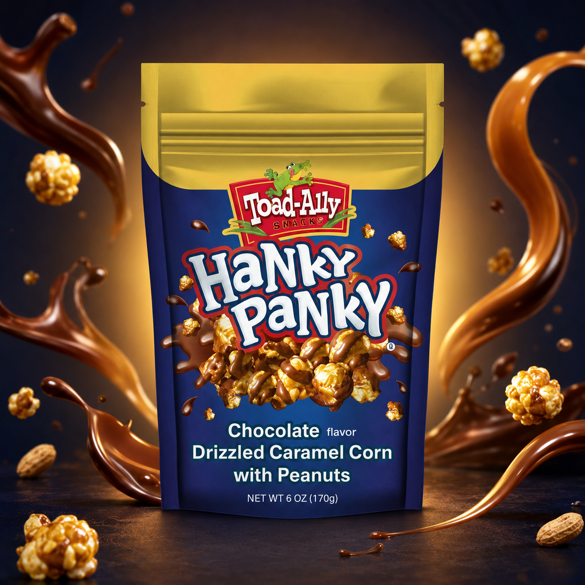 Toad-Ally Snax Hanky Panky 170g - Caramel Popcorn with Peanuts Decorated with Chocolate Flavored Coating