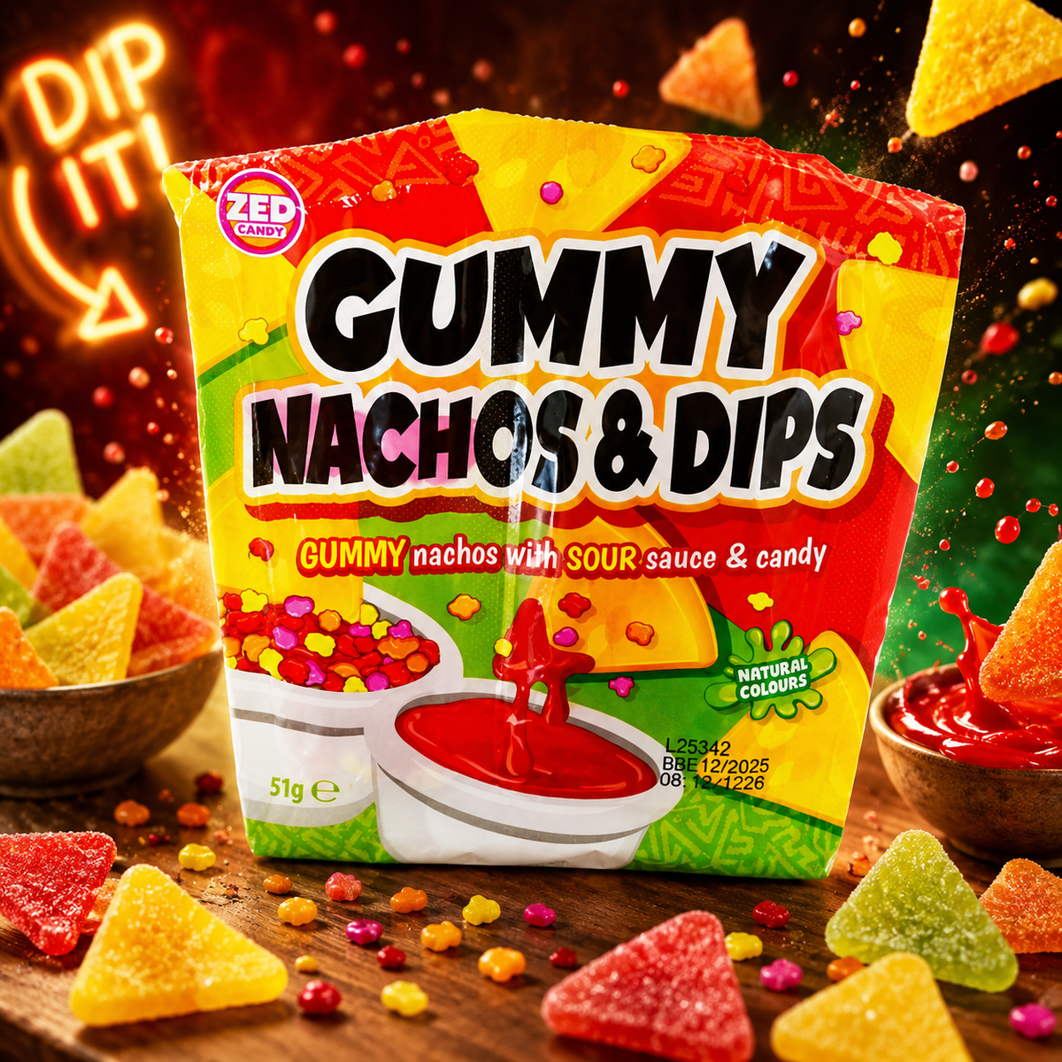 Zed Candy Gummy Nachos & Dips 51g – Fruchtgummi Nachos mit saurer Soße